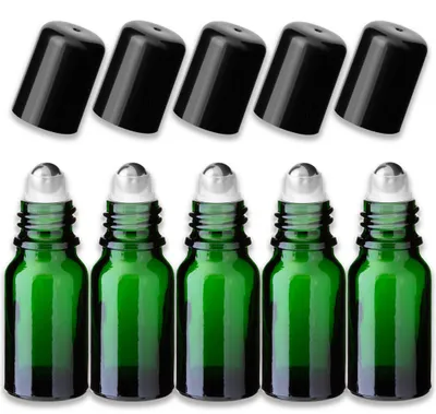 Produktbild von 5x Grüne Glasflasche 10 ml Roll-On mit schwarzem Verschluss – Kugel