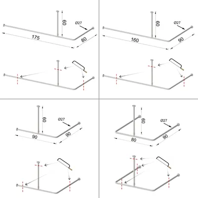Diagrams showing different configurations and dimensions of a shower curtain rod.