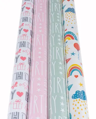 Produktbild von 4er Set Geschenkpapier Set 70x200cm Geburtstag Bunt Pink Grün Happy Birthday 4 Rollen Verpackung Geschenk-Papier