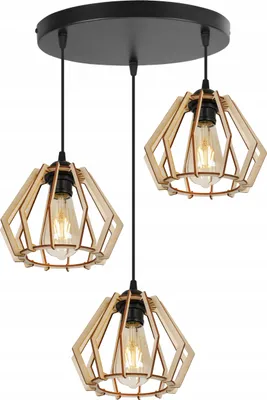 A three-light pendant lamp with wooden geometric shades.