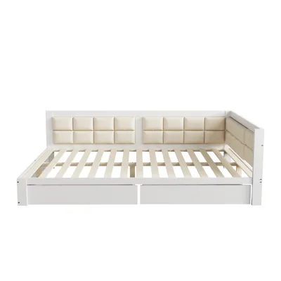 Produktbild von Schlafsofa 140x200cm Holzbett (Ohne Matratze) Multifunktionsbett Doppelbett Polsterbett Mit Stauraumschubladen und Lattenrost Kiefer Weiß