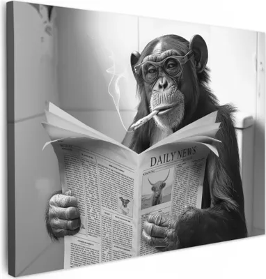 Obrázok produktu pre MuchoWow® - Plátno - Šimpanz - Opica - Noviny - WC - Humor, nástenný obraz, nástenné dekorácie, obrazy do obývačky, 40x30cm