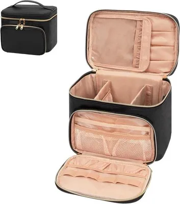 Immagine prodotto di Organizer per beauty case con scomparto per pennelli da trucco per donne e ragazze - Elegante e facile da trasportare grazie al manico e ai divisori (nero)