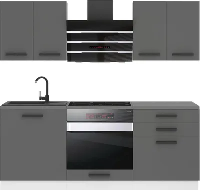 Produktbild von Belini Küchenzeile Küchenblock Mary - Küchenmöbel 180 cm Einbauküche Vollausstattung ohne Elektrogeräten mit Hängeschränke und Unterschränke, ohne Arbeitsplatten, Silber matt
