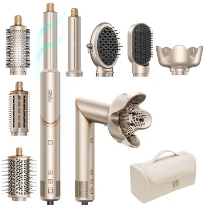 Produktbild von UKLISS 8-in-1-Haarstyler, 1400 W, 110.000 U/min, mit Diffusor, Rundbürste, Luftlockenstab, Glättbürste, Gold