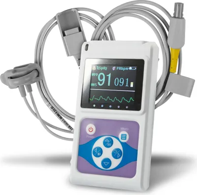 A handheld pulse oximeter with attached sensors and cables, displayed on a white background.