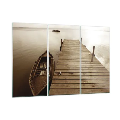 Produktbild von Bilder auf glas - 3 Teile - Brücke Boot Sepia - 165x110cm - Glasbilder - Wandbilder - Bilder - zum Aufhängen bereit - Wanddekoration aus Glas - Glas Bilder - Wandbild auf Glas - GCE165x110-4135