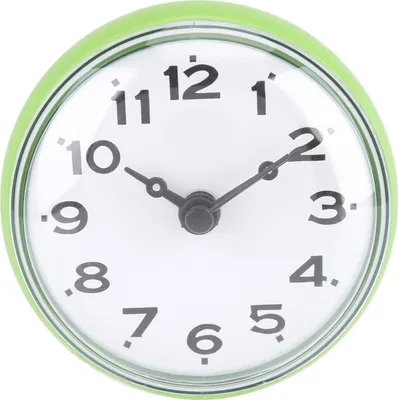A close-up view of a green suction cup clock on a white background.
