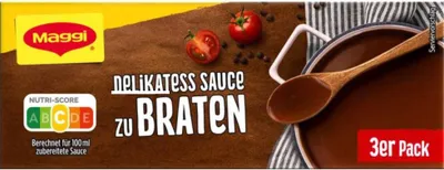 A box of Maggi Delikatess Sauce for roasting, with tomatoes and peppercorns visible.