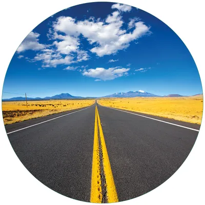 Produktbild von Wallario Premium Glasbild, freischwebende Optik, kräftige Farben, rund 50cm Durchmesser, Motiv Route 89 in Arizona - Am Ende der Horizont