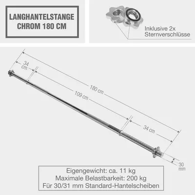 Produktbild von GORILLA SPORTS® Langhantelstange - 180 cm lang, Ø 30 mm, inkl. 2 Sternverschlüssen, bis 200 kg Belastbar, Gerändelt, Verchromt - Langhantel, Langhantel-Stange, Lang Hantelstange