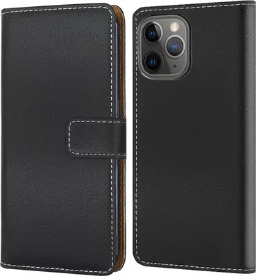 A black flip-style phone case for an iPhone 13 Pro Max is shown open, revealing the phone and the inside of the case.