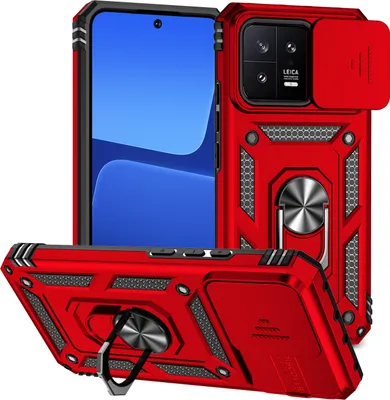 Image de Étui pour Xiaomi 13 étui double couche avec couvercle coulissant pour appareil photo et anneau de support rouge