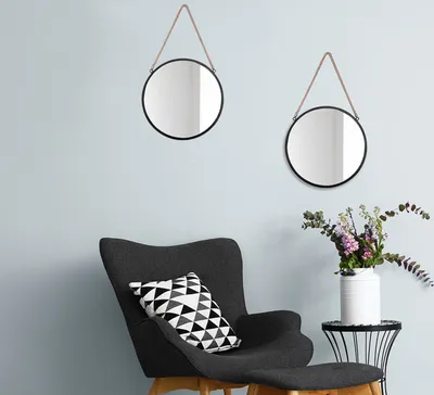 Produktbild von Hängespiegel mit Seilaufhängug Dekospiegel Wandspiegel 2er Set schwarz rund 40cm
