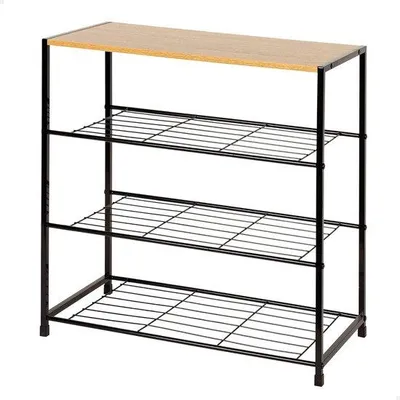 Image de Étagère industrielle Unyqoos® avec 4 niveaux – 3 en métal, 1 en bois, structure en acier noir, plateau avec revêtement en mélamine, capacité de charge jusqu'à 10 kg