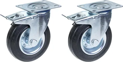 Productafbeelding van 125mm 5" castor rubber tyre, swivel with brake, strong 240kg capacity, set of 2