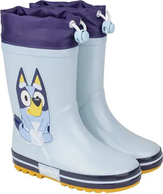 A pair of light blue children's rain boots with a Bluey character design.