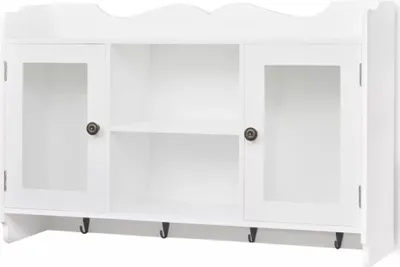 A white wall-mounted cabinet with glass doors and shelves.