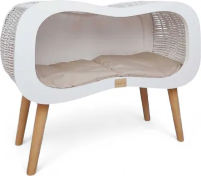 Immagine prodotto di WikliBOX - Esclusiva cuccia in vimini per gatti Infinity bianca su piedini con materasso, casetta in vimini per animali.
