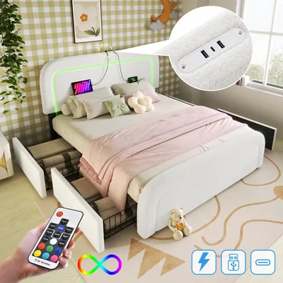 Zdjęcie produktu dla Łóżko tapicerowane 160x200 cm z materacem, oświetleniem LED, funkcją ładowania USB typu C i 4 szufladami, obicie z materiału Sherpa w kolorze białym, z regulowanym zagłówkiem