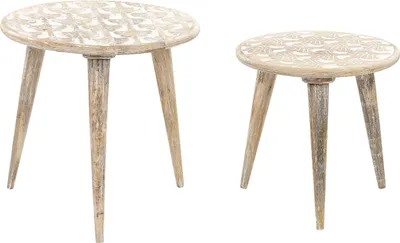 Produktbild von BELIANI Beistelltisch 2er Set Hellbraun u. Weiß aus Mangholz mit Muster Vintage Stil Retro Rustikal Rund Dreibein Couchtisch Set für Wohnzimmer