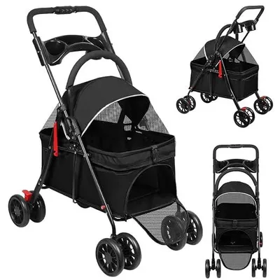 Imagen del producto de Carrito plegable para perros, ideal para mascotas. Incluye transportín desmontable, portavasos, compartimento de almacenamiento y ventanas de malla. Plegable, apto para perros de hasta 20 kg. (Color: )