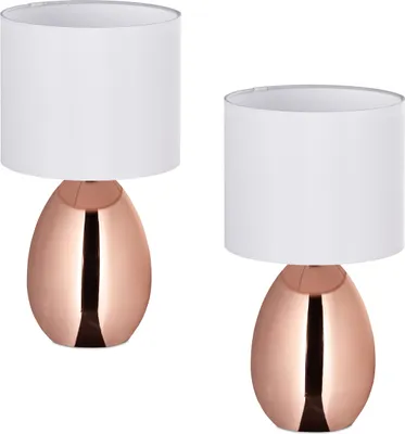 Obrázok produktu pre Nočná lampa Relaxdays, sada 2 ks, s vypínačom, okenná lampa, 3 stupne osvetlenia, E14, stolná lampa, rozmery: 33,5 x 18 cm, medená/biela