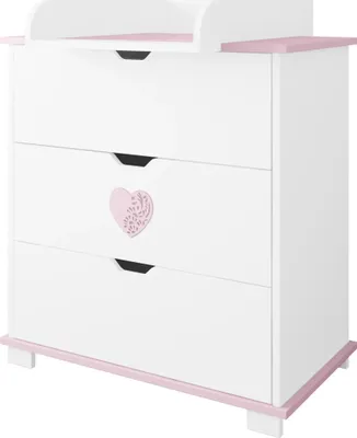 Produktbild von ZEE HEART Set Weiß Babybett 120x60 mit Schublade + Wickelkommode mit Wickelaufsatz Skandinavisches Design Herz Rosa Babyzimmer