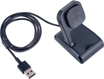 A black Fitbit charger with a USB cable on a white background.