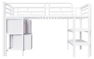 Produktbild von Hochbett Kinderbett Weiss 90x200 Metall 207 x 105 x 107,5 cm Stauraum Treppe Schubladen Regale platzsparend Kinderzimmer ohne Matratze