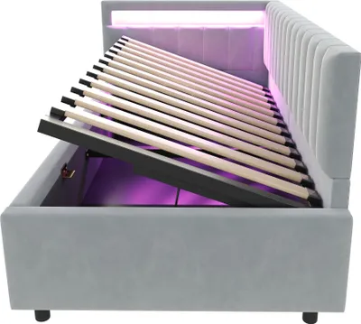 Produktbild von MODFU Polsterbett,Schlafsofa,Daybett 90x200cm,Ohne Matratze,mit LED-Beleuchtung und hydraulischem Stauraum,seitliche Kopfteile mit austauschbaren Positionen,Samtstoff,Hellgrau