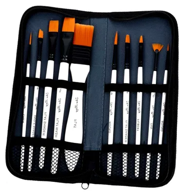 Produktbild von 10 Malpinsel mit Nylonhaaren für Aquarell- und Ölfarben inklusive Pinseltasche für Künstler