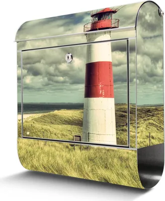 Produktbild von Edelstahl Briefkasten mit Zeitungsfach Leuchtturm Sylt großer Design Postkasten rostfrei, A4 Einwurf [BKGE2 12680]