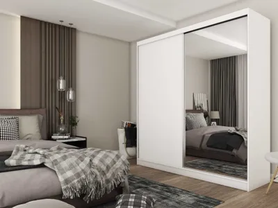 Zdjęcie produktu dla AGMAT Prato szafa z drzwiami przesuwnymi, Szafa z 2 drzwiami i lustrem, Nowoczesna szafa w kolorze: Biały, Szafa w rozmiarze: 200 x 216 x 61 cm