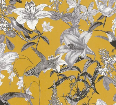 Immagine prodotto di Architects Paper Carta da parati floreale Jungle Chic bird Carta da parati in tessuto non tessuto giallo grigio nero bianco 10,05 m x 0,53 m