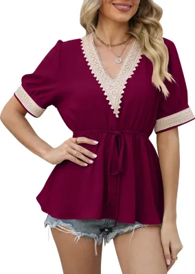 Produktbild von ASKSA Damen Bluse V-ausschnitt Spitze Chiffon Schnüren Sommer Kurzarm Tunika Einfarbig T-Shirts Oberteil, Rotwein, L