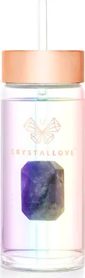 Obrázek produktu pro Skleněná láhev na vodu CRYSTALLOVE s ametystem a brčkem, 400 ml, hologram