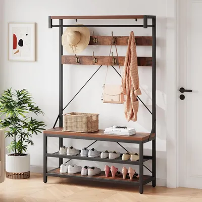 Produktbild von Garderobe mit Sitzbank, Kleiderstange und Schuhablage, Braun