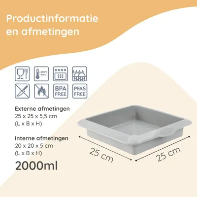Zdjęcie produktu dla Forma silikonowa, 20x20 cm, pojemność 2000 ml, z powłoką antyprzywierającą, idealna do brownie i lasagne