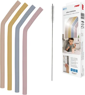 Productafbeelding van Siliconen rietjes voor peuters en kinderen - Vanaf 24 maanden - Set van 4 rietjes in bonte kleuren - Inclusief praktische reinigingsborstel