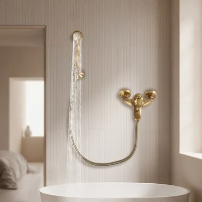 A luxurious bathroom with a bathtub and a gold shower system, showing water flowing from the showerhead.