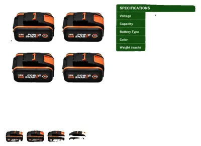 Productafbeelding van Batterij, 8000 mAh capaciteit, compatibel met 20V elektrische gereedschappen, Worx - 8AhX4