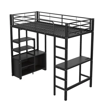 Produktbild von Hochbett mit Schreibtisch, USB Anschlüssen und Steckdosen, 90x200 cm, Metallbett mit Rausfallschutz, Jugendbett