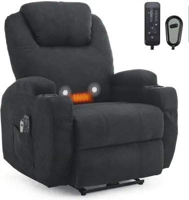 A dark gray massage recliner chair with two remote controls shown in the upper right corner.