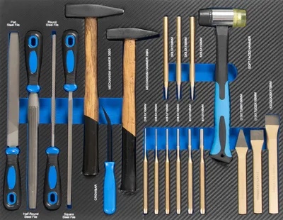 Produktbild von Profi Werkstattwagen Einlage blau Hammer, Feilen, Meißel, Körner und Durchschläger 20 tlg.