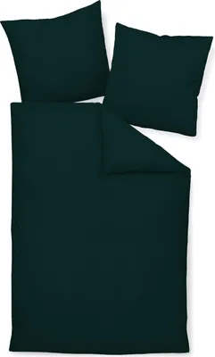 A dark green duvet cover and two pillowcases are laid out on a white background.
