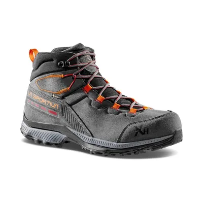 TX Hike Mid Leather Gtx Wanderschuh von La Sportiva in Grau mit orangefarbenen Akzenten und Schnürung.