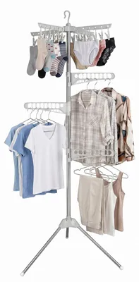Produktbild von Relaxdays Wäscheständer Kleiderbügel, 27 Bügel, 24 Klammern, 170 cm hoch, klappbarer Bügelwäscheständer, silber/weiß