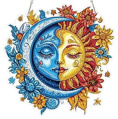 Immagine prodotto di Kit per dipinto a diamante 5D, ornamento da appendere, motivo sole e luna, bilaterale, con catena, dimensioni 19,4x19,2 cm, colori: blu, arancione, bianco