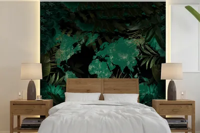 Produktbild von MuchoWow® Fototapete für Wohnzimmer oder Schlafzimmer Wandtapete Vinyl Motivtapete Weltkarte - Grün - Pflanzen - 220x220 cm - Tapeten